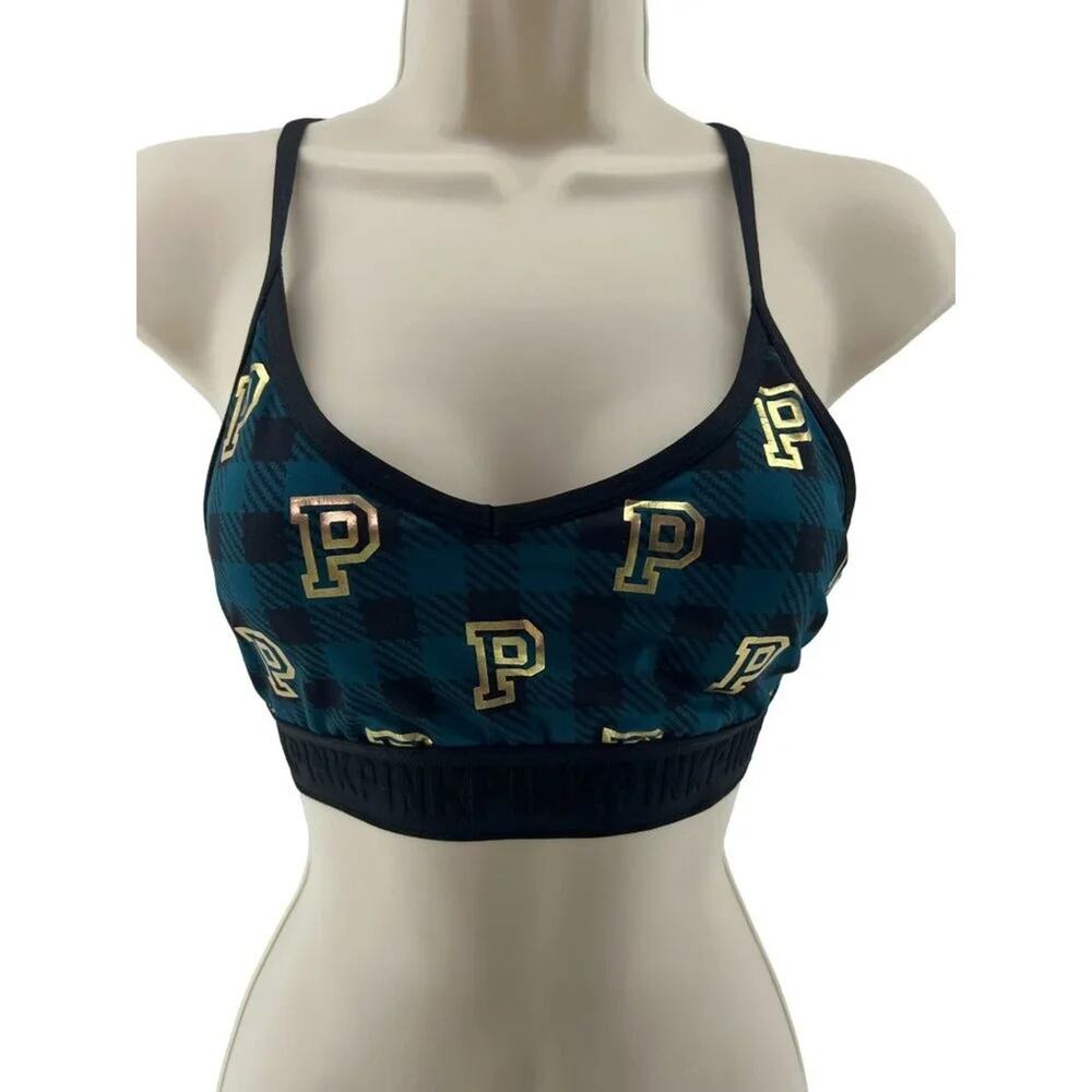 Pink Victoria's Secret Sports Bra Womens Small Gingham Plaid Mesh Back V Neck